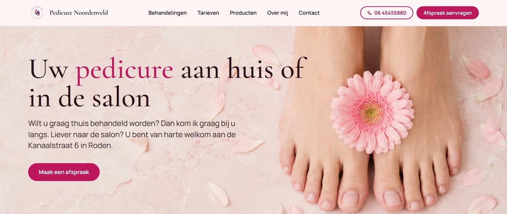 De bovenkant van de website van Pedicure Noordenveld