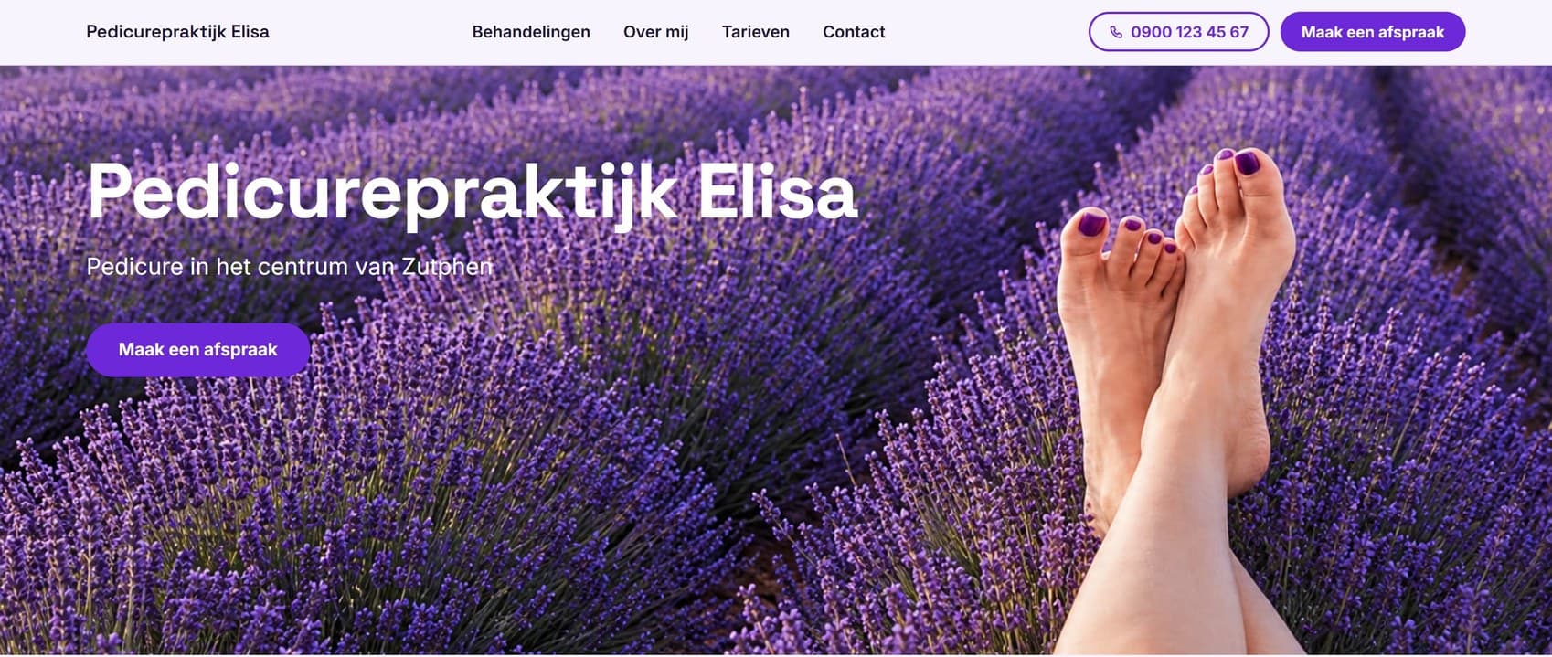 De bovenkant van de website van Pedicurepraktijk Elisa